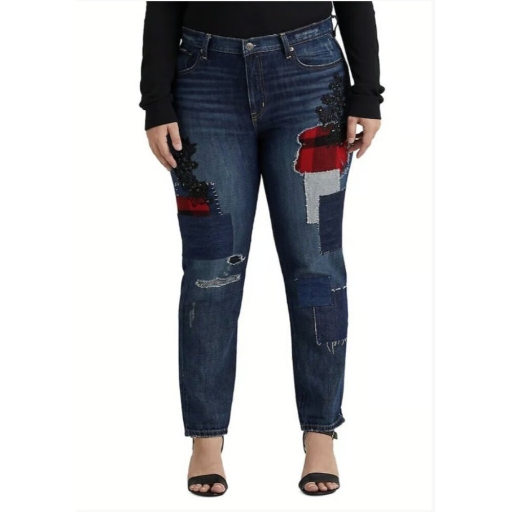 LAUREN Ralph Lauren Patchwork Relaxed Tapered Ankle Jeans Bianca Wash ( 20W )